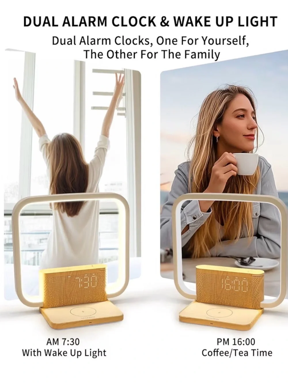 Wood Grain Wireless Charging Alarm Clock with LED Display - Beige